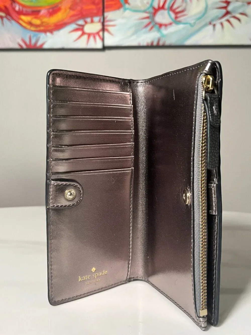 Kate Spade New York Metallic Pebbled Gunmetal Leather Wallet - Picture 5 of 10